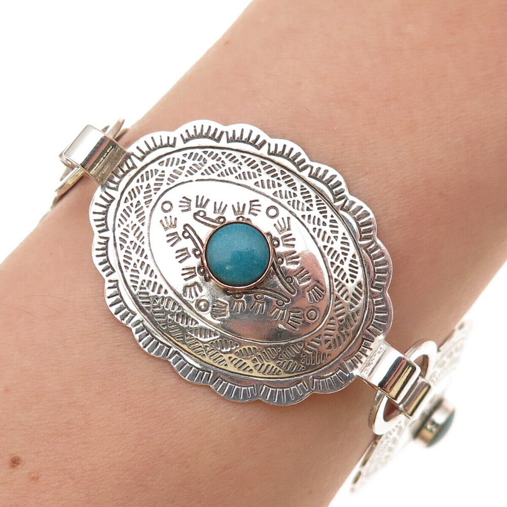 Old Pawn 925 Sterling Silver Vintage Turquoise Snake Eye Concho Bracelet 7.25"